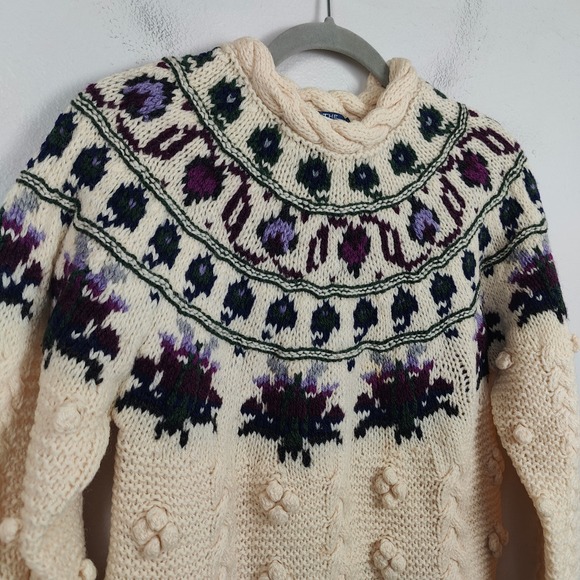 Vintage Woolrich Fair Isle Sweater Womens Small Cable Knit Popcorn Bobble Ivory - Picture 3 of 8